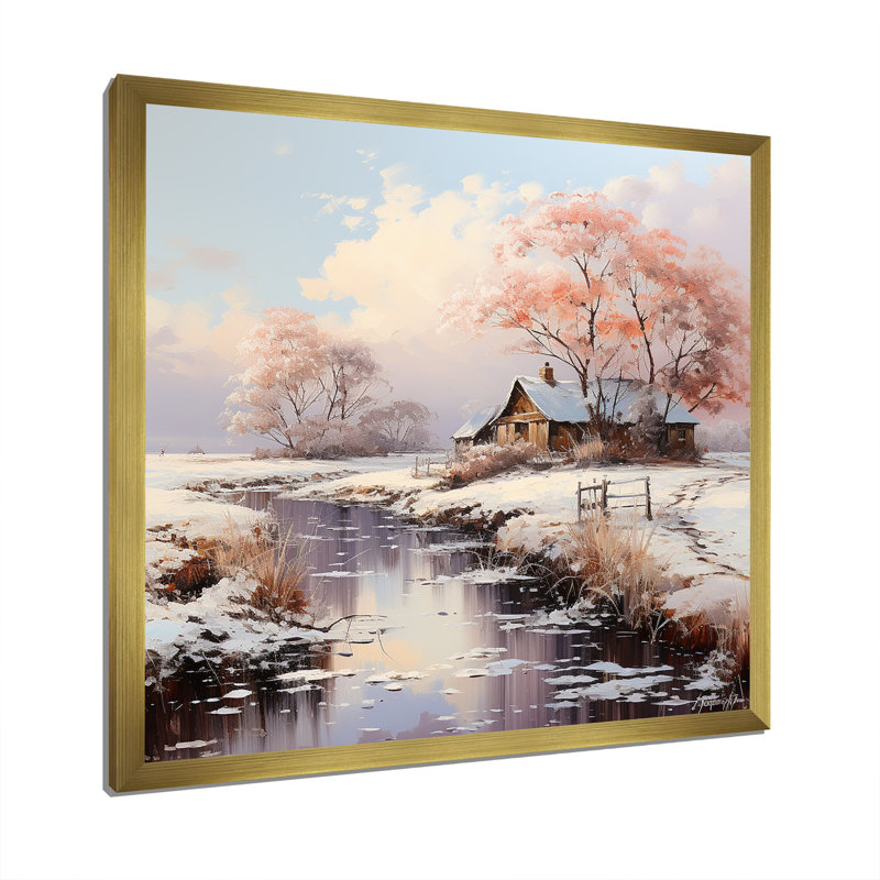 Ferme et rivière, paysage d'hiver I - reproduction, Cadre doré simple, H 24 po x l 24 po x P 1 po