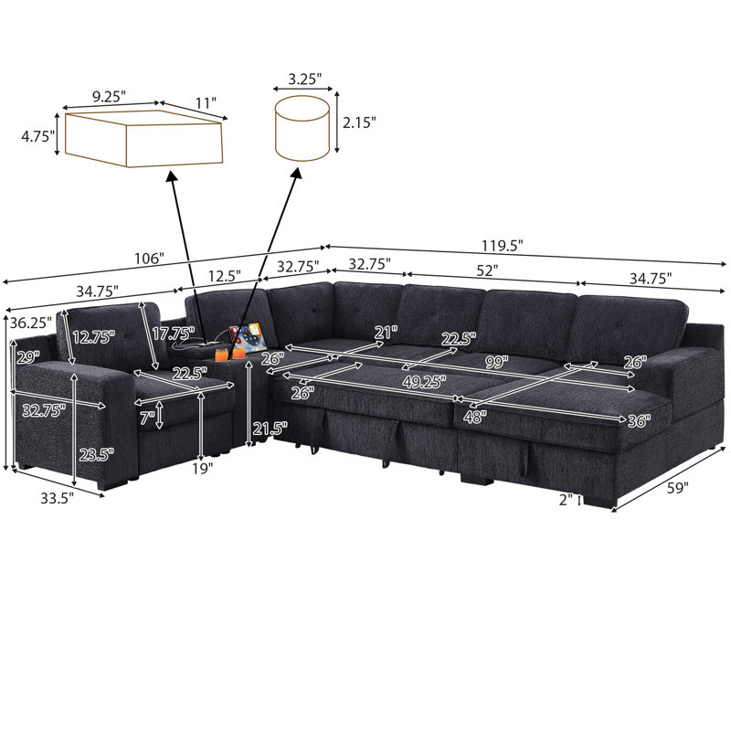 Canapé-lit modulaire en U escamotable avec méridienne de rangement, Gris foncé