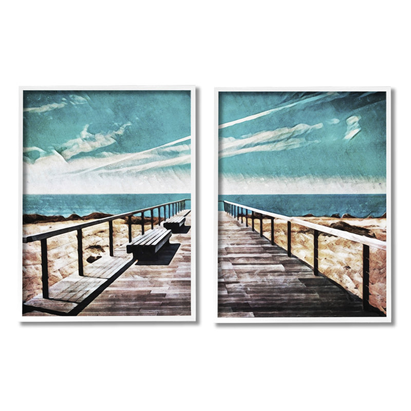 Tranquil Pier Dock Beach Clear Blue Sky Illustration par Ashley Aldridge - ensemble de 2 peintures