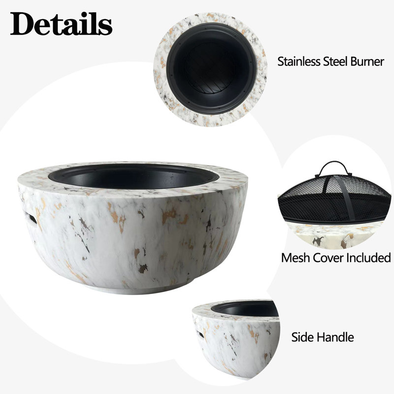 Outdoor Round Fire Pit Small Wood Burning Fire Pit Bonfire With Faux Imitation Painted Ceramic Appearance Base For Patio Garden Backyard,quick Ignition With Spark Screen, Poker, Stainless Steel Burner,24 Inch