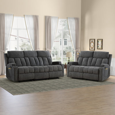 Skillern 2-Piece Friendly Fabric Upholstered Reclining Living Room Set With Cupholders & Pocket Storage