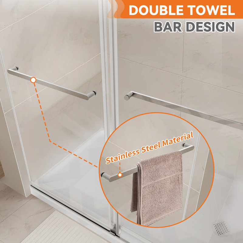 Porte de douche coulissante l 48 po x H 76 po, verre trempé de 3/8 po (10 mm), rail en acier inoxydable, glissement en douceur avec tampon, plage réglable de 4 po, installation à gauche / droite