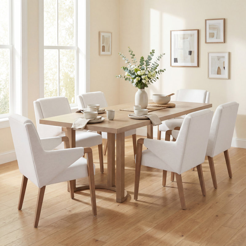 Harlan 6-Person Rubberwood Dining Table Set With Upholstered Chairs, Light Ash, Beige/Light Ash