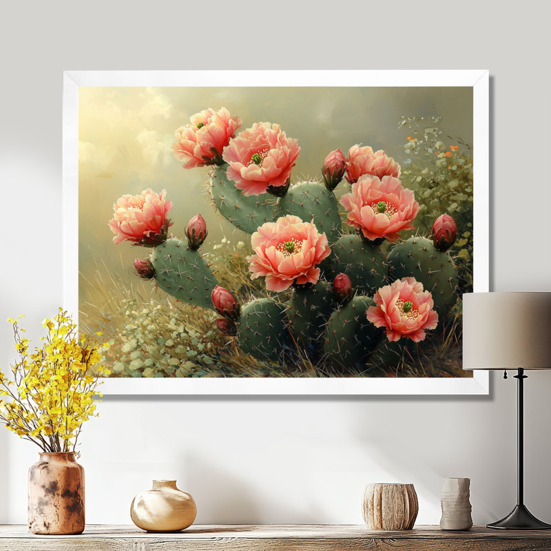 Koti cactus en pleine floraison à l'aube II - art mural cactus, H 24 po x l 32 po, Picture Framed, Blanc