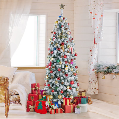 Pencil-shaped Snow Flocked Artificial Christmas Tree with Metal Stand