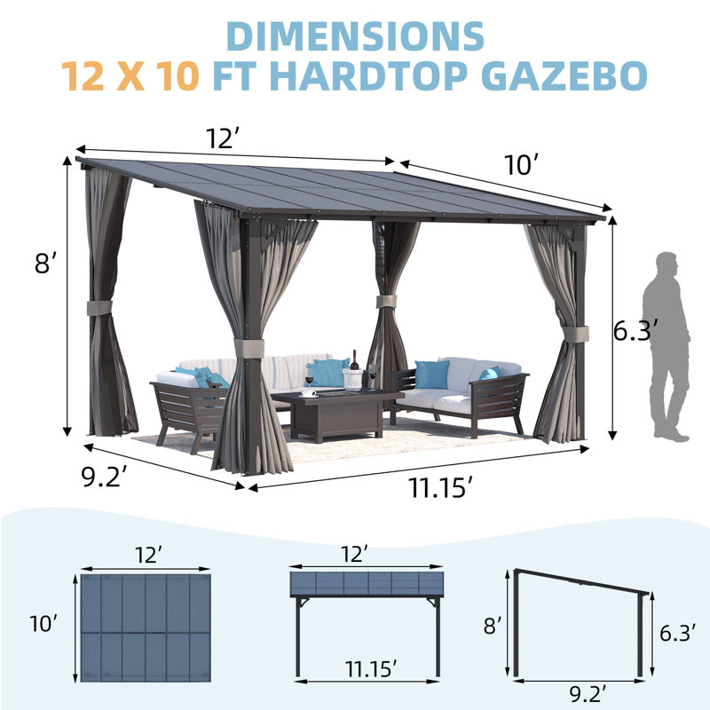 Lean-To Wall-Mounted Pergolas With Curtains And Netting, 96" H x 144" W x 120" D