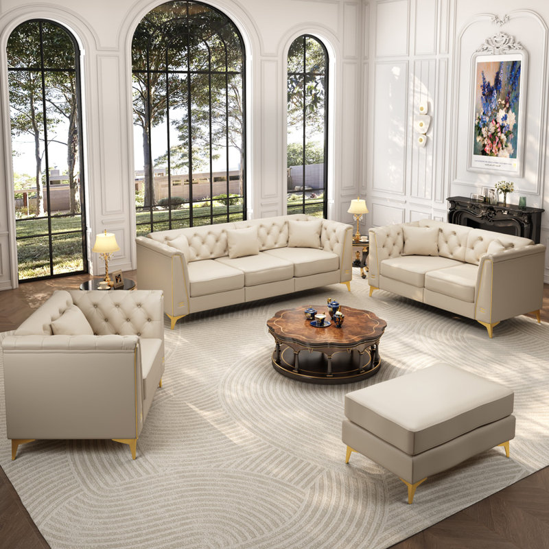 Canapé rembourré capitonné avec pieds en métal, Beige