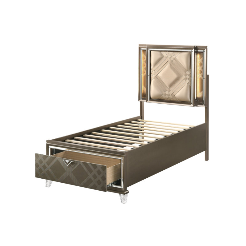 Lit double Skylar en cuir synthétique et champagne foncé avec rangement et DEL