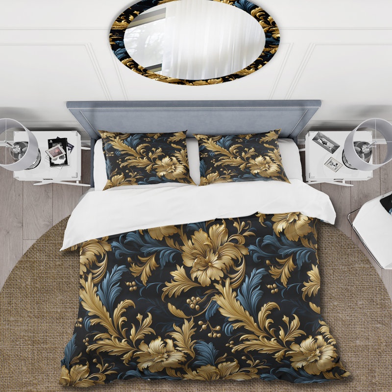 Ensemble de housse de couette damassé doré et bleu doré et bleu, Housse de couette pour grand lit et 2 taies décor