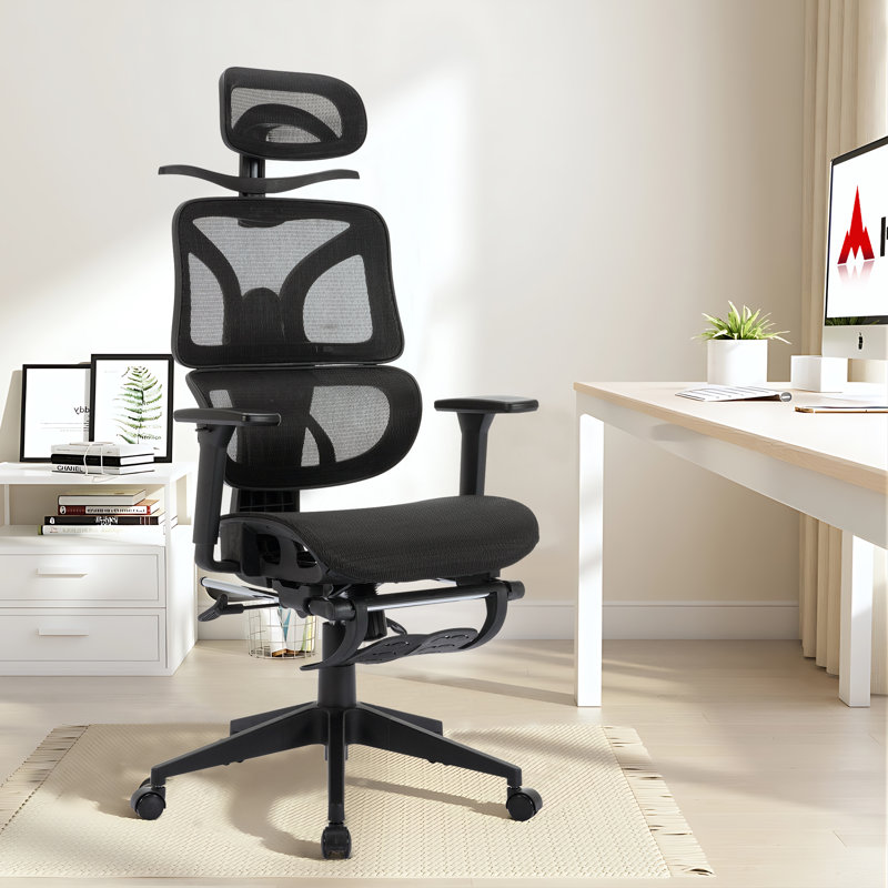 Swivel Ergonomic High Back Mesh Office Chair with Retractable Footrest, Adjustable Backrest, Tilt Function, 3D Armrests & Headrest, Lumbar Support