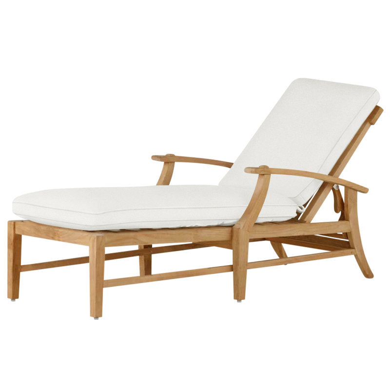 Croquet 66.5" Long Reclining Single Chaise with Cushions, Natural Teak, Rollo Chambray, Welt