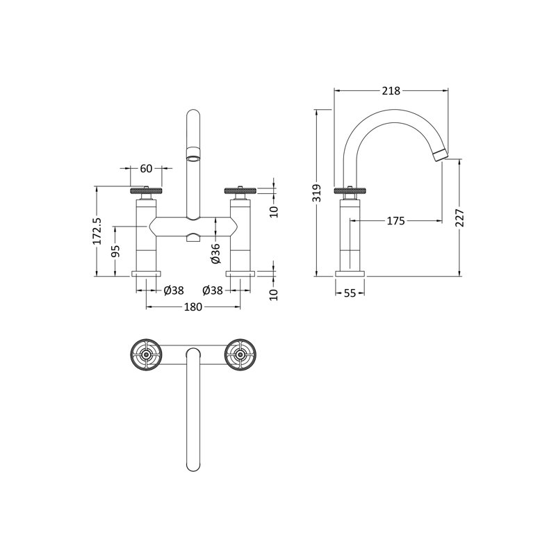 Revolution 2 Handle Deck Bath Shower Mixer Bath Filler, Matt Black