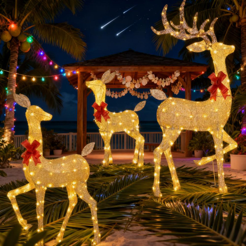Élégant ensemble de décorations de Noël en forme de renne éclairé doré (mâle, biche, fauve)