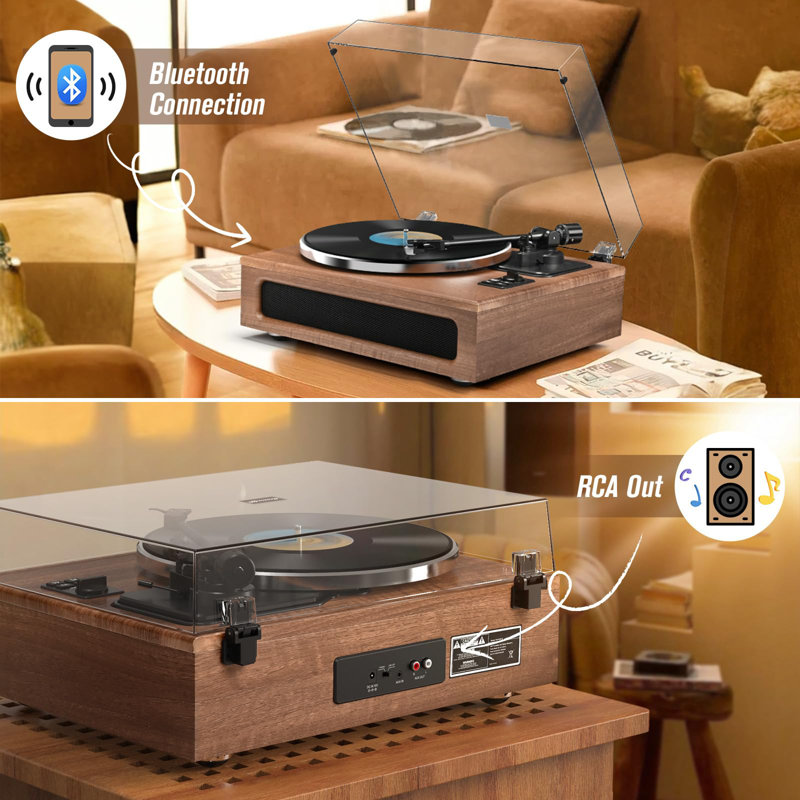 Vintage Brown MDF Belt Drive Turntable with Built-In Speakers