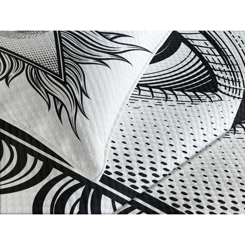 Ambesonne Eye Bedspread Set Triangles Tattoo Style Pattern White and Black, King Bedspread + 2 Standard Shams