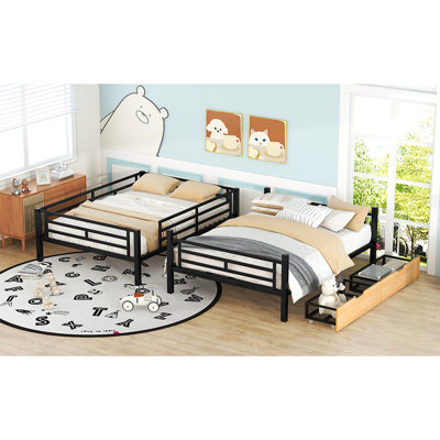 Full Size Convertible Metal Bunk Bed, Black - With 2 Spacious Storage Areas Bed Drawers, Safe & Stylish