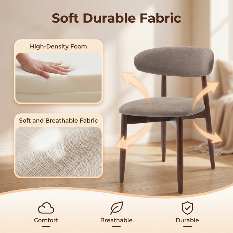 Solid Wood Upholstered Dining Chair - Ergonomic Curved Back, Comfort Fabric, Camel
