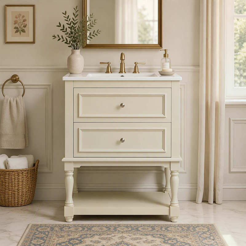 Meuble-lavabo rétro de 61 cm (24 pouces) avec lavabo en céramique, tablette ouverte et 2 tiroirs pour un rangement élégant