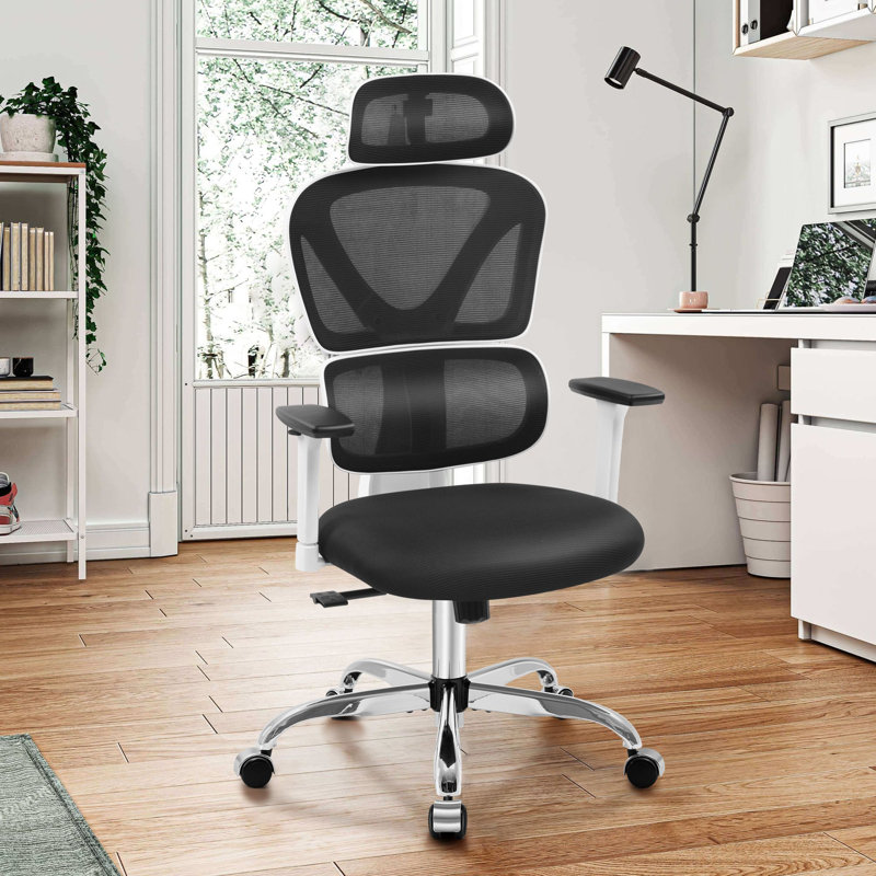 Comfy Breathable Ergonomic Task Chair With Headrest, Sliver/White