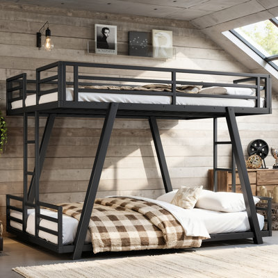 Structure de lit superposé double au-dessus de la taille double avec échelle à 2 côtés et pieds de support spéciaux, pour les adolescents, lit superposé à profil bas avec lattes, aucun sommier requis, assemblage facile, pour la chambre à coucher, noir