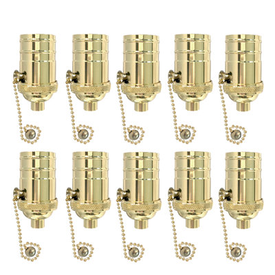 Royal Designs, Inc. Vintage Pull Chain Lamp Socket For Incandescent LED Bulbs, Polished Brass, Set Of 10