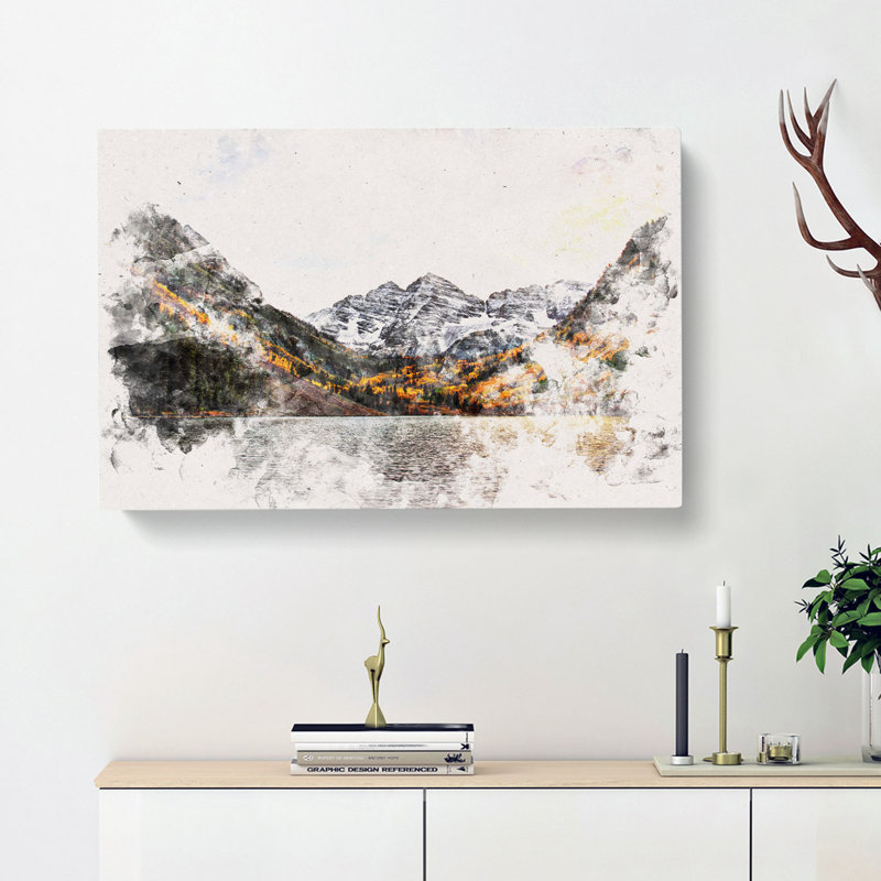 Maroon Bells Mountains in Colorado Watercolour - Wrapped Canvas, 30cm H x 45cm W x 4cm D