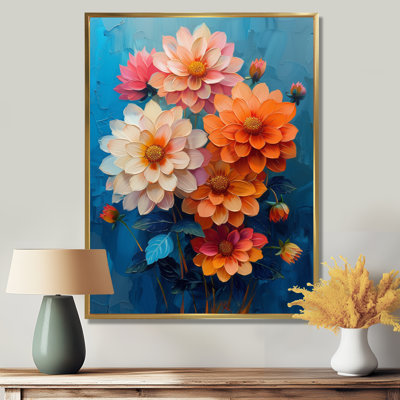 Dahlia mauve orange sur fond bleu III - Dahlia Wall Art Living Room