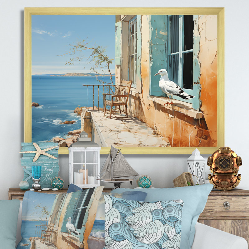 «Seagulls Perch Horizon III - Coastal Windows», art mural, H 24 po x l 32 po x P 1 po, Cadre doré à coins fermés