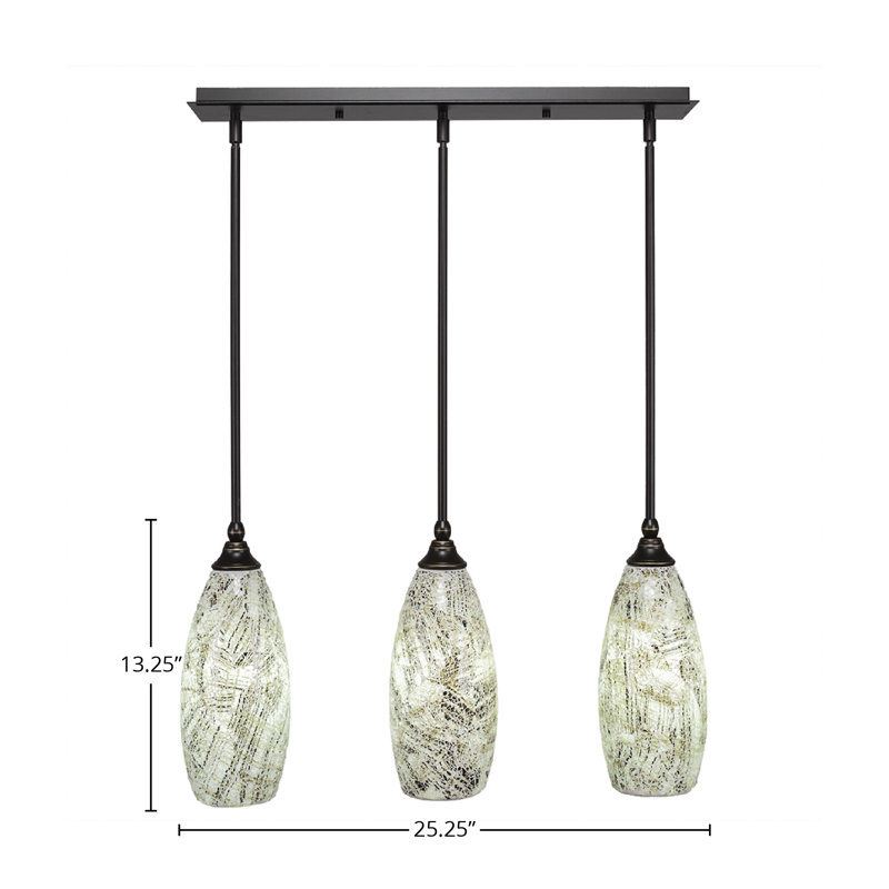 Luminaire suspendu linéaire sur pied 3 lumières avec verre fusion 5 po, H 13,25 po x l 25,25 po x P 5,5 po, Turquoise