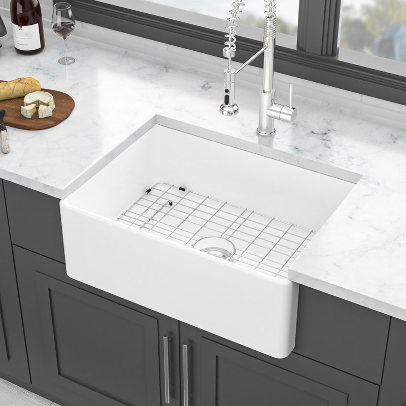 White 28 - Inch Ceramic Single Bowl Sink For Kitchen: Deep Bowls, Drain Assembly, Bottom Grid, 304 Stainless Steel Dish Basket Strainer, And Stain Kitchen With Bowl, Strainer: Heat Chip , Proof