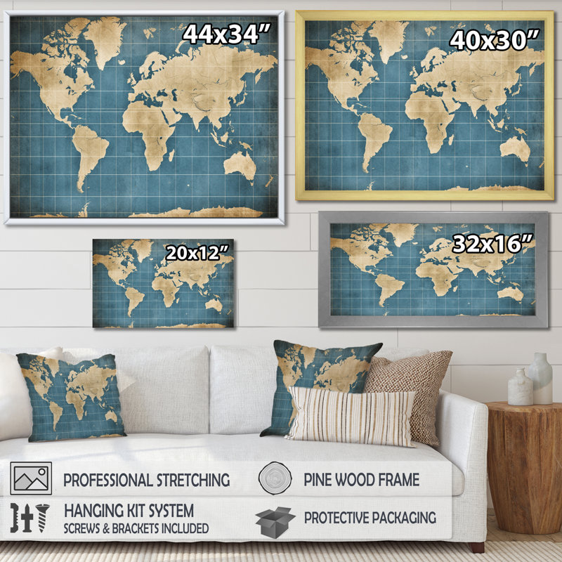 Ancienne carte du monde V, reproduction d'art sur toile, H 24 po x l 32 po, Cadre flottant noir