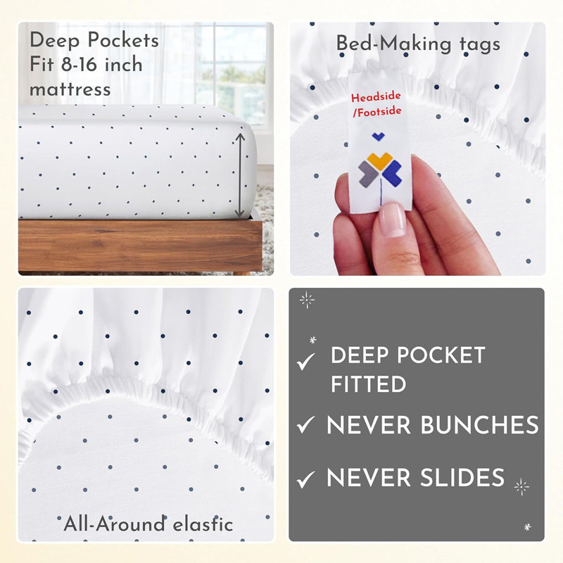 Polka Dot Pattern Queen Sheet Set, 400 Thread Count Satin 100% Cotton, Deep Pocket Design For Durability.