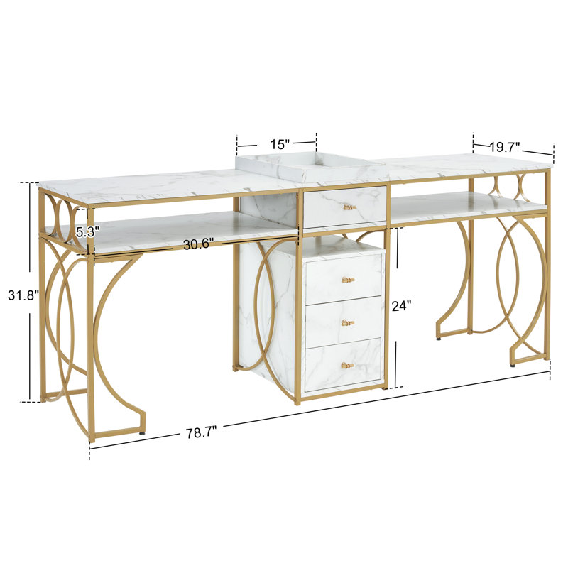 Modern Double Position Modern Nail Desk with Drawer and Shelf 78.7'' Wide, Metal Frame
