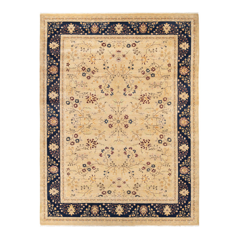 Tapis beige en laine noué à la main de conception unique 9 pi 3 po x 12 pi 1 po Bernel Mogul