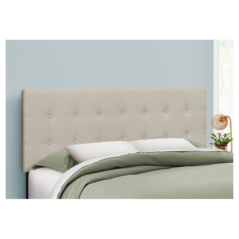Tête de lit tapissier pour grand lit seulement en tissu d'aspect lin beige avec capitonnage et structure en bois massif