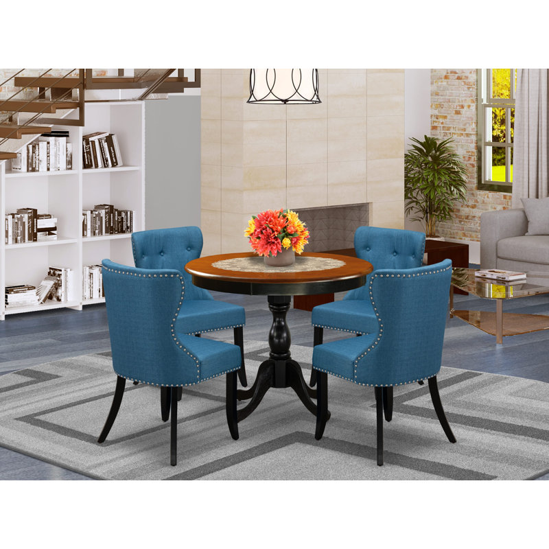 5-Piece Dining Table Set Contains a Mid Century Dining Table and 4 Blue Linen Fabric Midcentury Modern Dining Chairs with Button Tufted Back - Black Finish