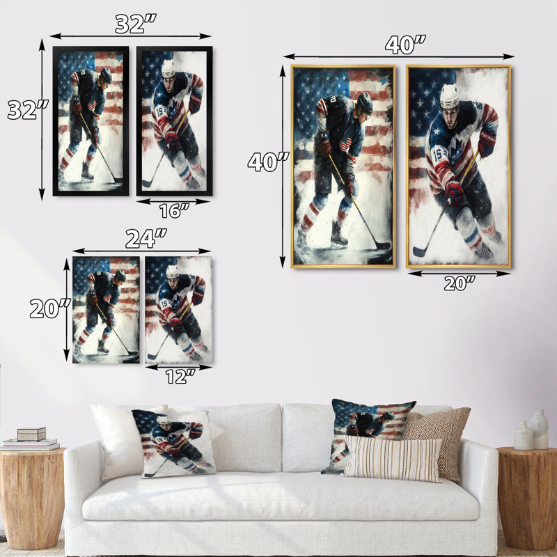 «Hockey Player On Ice», 2 pièces sur toile, Cadre noir, H 32 po x l 32 po