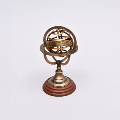 Decorative Brass Armillary Sphere with Wood Base for Desk or Shelf Display