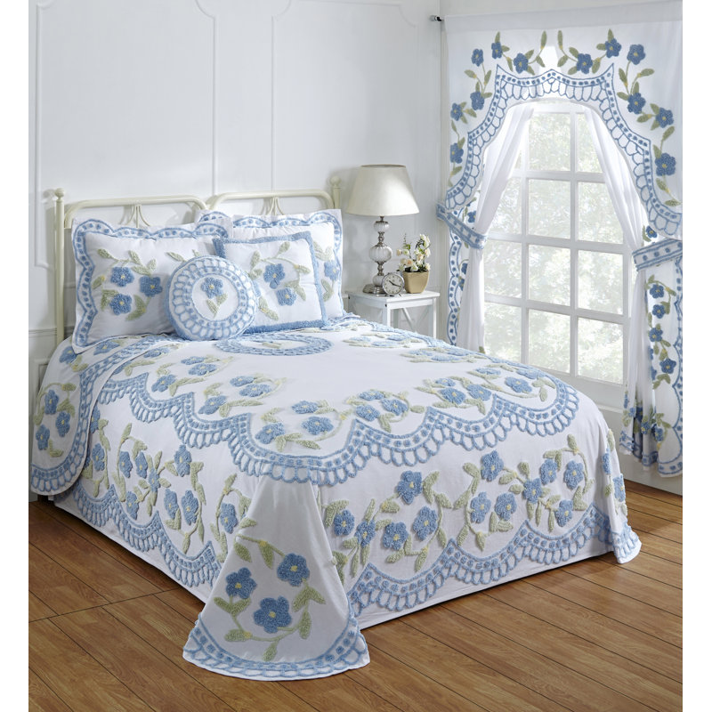 Bloomfield 100% Cotton Chenille Coverlet/Bedspread Machine Washable Ultra Soft Floral Pattern All Season Bedding, Blue
