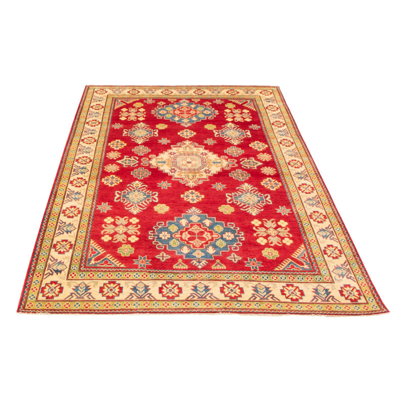 Tapis unique en laine noué à la main de style nouvel âge de 6 pi 6 po x 9 pi 1 po Felicite en rouge / beige / bleu