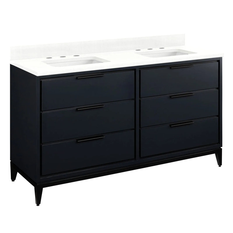 60" Hytes Double Bathroom Vanity Set with Rectangular Undermount Sinks, Feathered White Quartz, Midnight Navy Blue