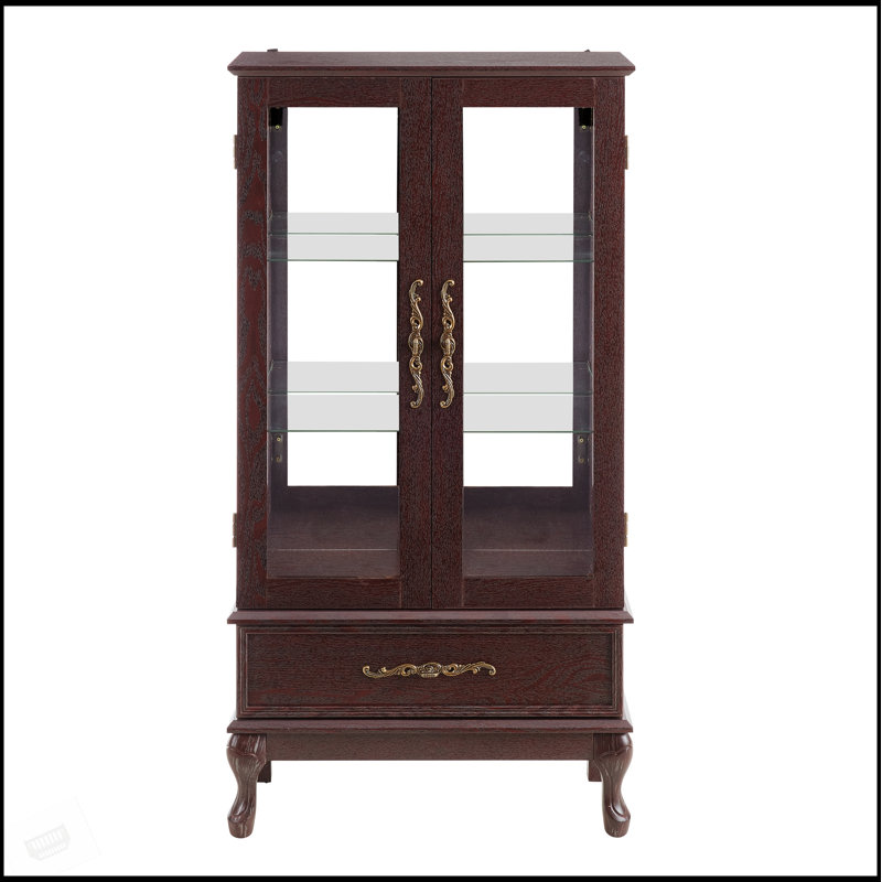Armoire vitrée élégante en verre avec tablettes réglables, éclairage interne et tiroir rétro pour présentation et rangement