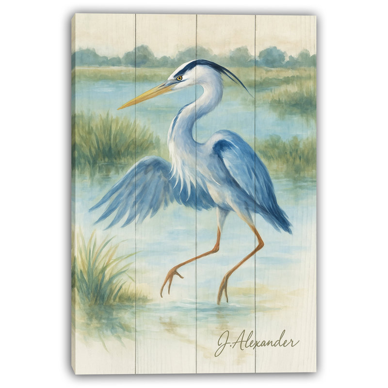 «Blue Heron Elegance», art mural sur toile en bois rustique, H 40 po x l 30 po