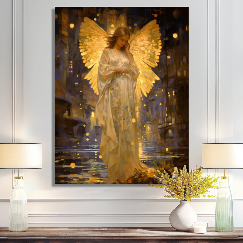 Ange doré prenant soin des ailes - salon d'art mural Wings Angel, H 40 po x l 30 po, Toile tendue
