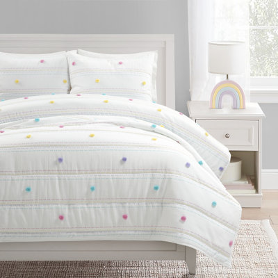 Rainbow Pom Pom And Stripes Quilt Set White/Raindow