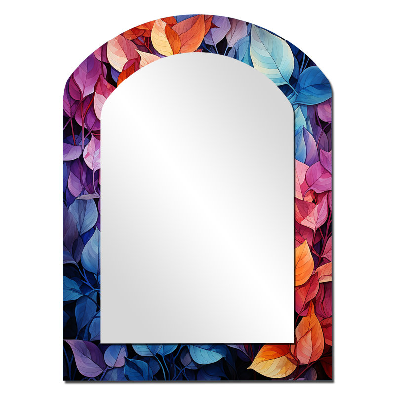 Colorful Leaf Dreamscape - Leaves Asymmetrical Decorative Wall Mirror, Traditional Arch Large Mirror, Printed Metal Art