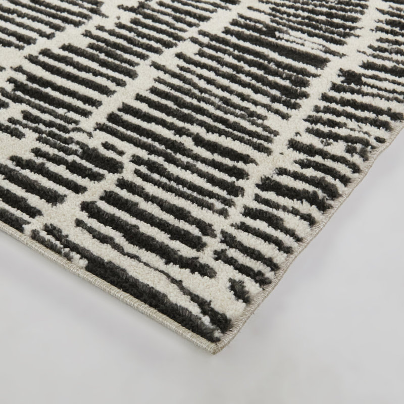 Kuzman Cream/Black Modern Textured Stripe Area Rug, 7'10" x 10'
