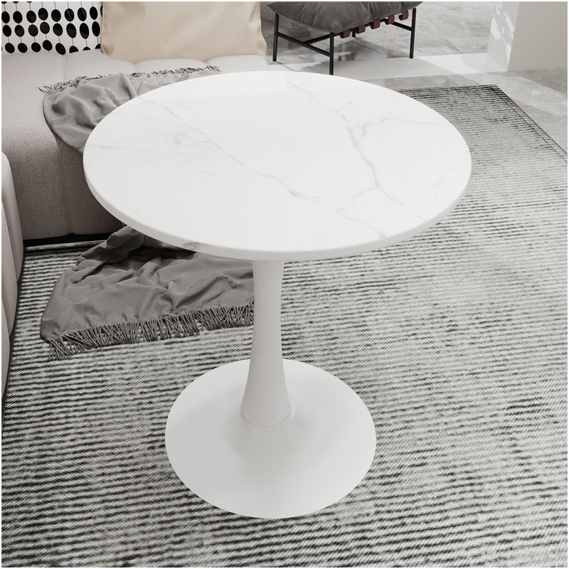 Marble-Top Round Side Table With Tapered Pedestal Base, Ideal For Living Room, Modern Minimalist Design, White, White