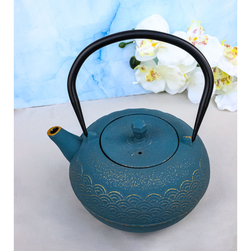 Grande théière ronde en fonte bleu Seigaiha Waves Tetsubin
