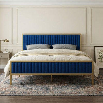 Kinzie Tufted Velvet Upholstered Low Profile Standard Bed with Headboard & Footboard and Gold-Finished Metal Frame